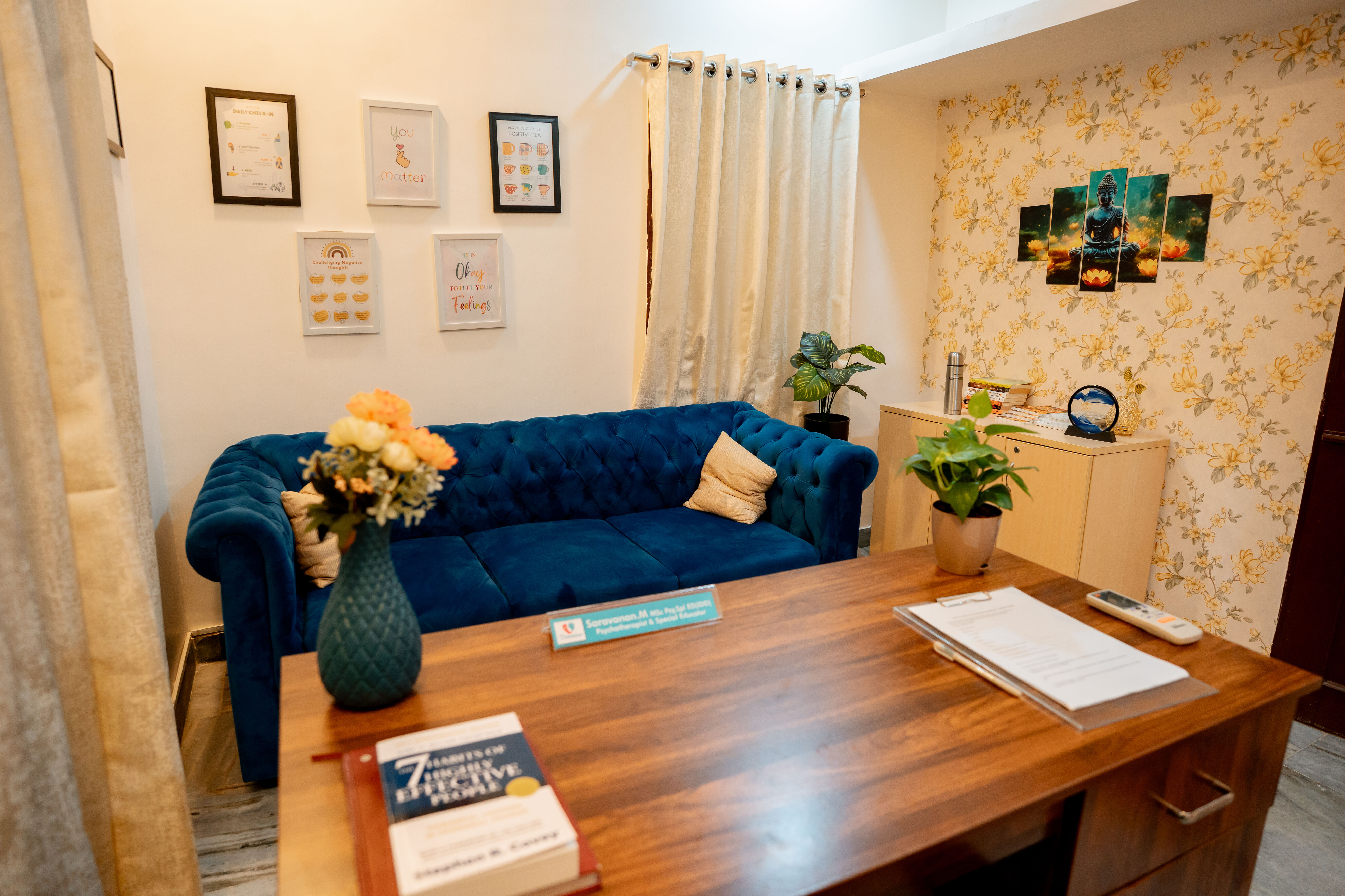 A calm counseling room at Deekshalaya, Adyar